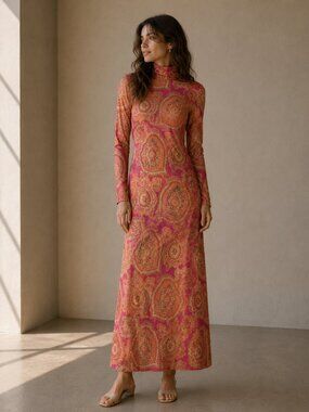 Vintage Sears 1960s Mock Neck Long Sleeve Psychedelic Maxi Dress Size 8